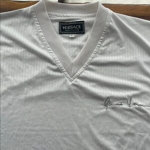 Versace White Pinstripe V-Neck Top